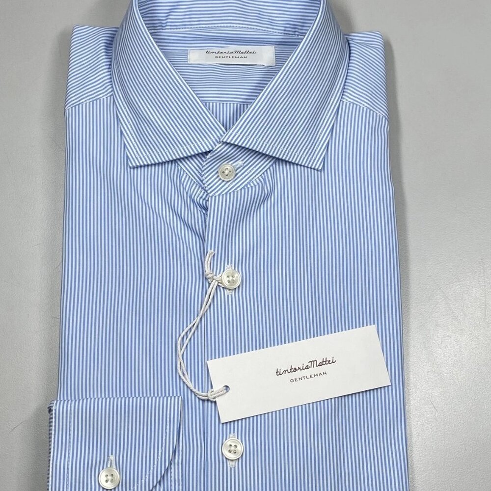 NEW TINTORIA MATTEI Button-Down Shirt Light Blue Striped Cotton Size 15.5 / 39